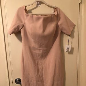 Pale pink (or cream), off the shoulder dress